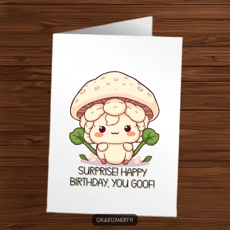 Funny Free Printable Birthday Card: Playful Kawaii cauliflower hiding behind a giant mushroom cap, peeking out shyly, great DIY.
