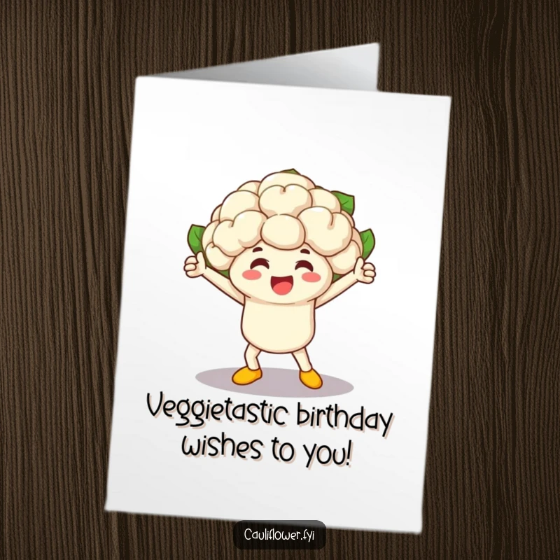Funny Free Printable Birthday Card: A triumphant cauliflower in a race pose, celebrating a veggie victory, perfect for a downloadable gift.