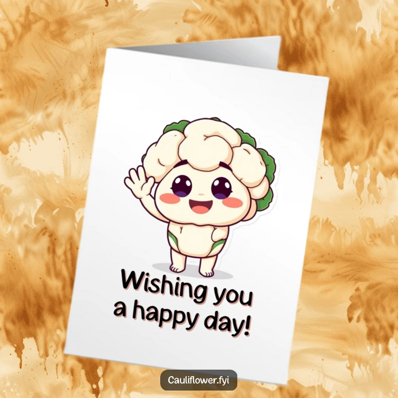 Funny free printable birthday card of a cauliflower character with big, happy eyes doing a silly wave.