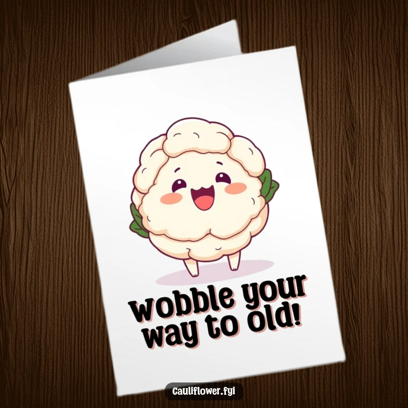Funny free printable birthday card: Cute kawaii cauliflower doing a hilarious cartoonish wobble, bringing joy and silliness to any celebration.