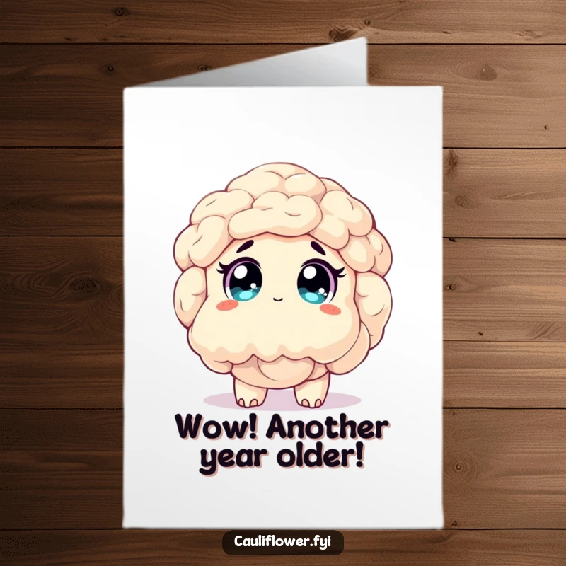 Funny Free Printable Birthday Card: A wide-eyed cauliflower looks up in awe, sparkling eyes reflecting wonder and birthday magic.
