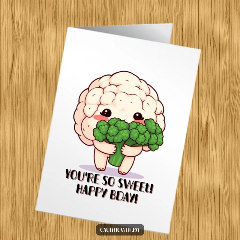 Funny Free Printable Birthday Card: A blushing kawaii cauliflower shyly holds a bouquet of broccoli florets, offering sweet birthday wishes.