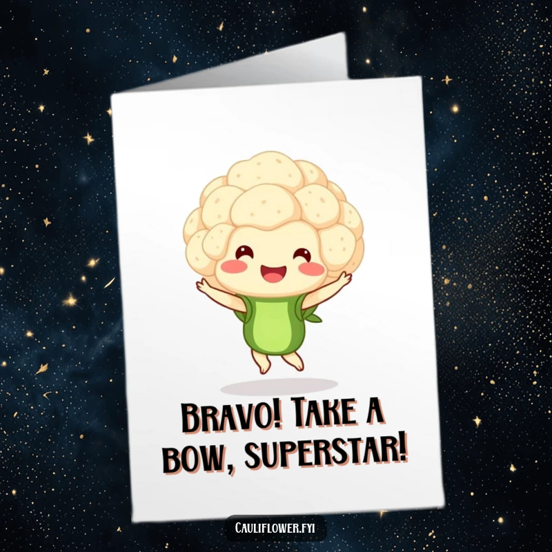 Funny Free Printable Congratulations Card of a smiling cauliflower floret doing a pirouette, celebrating success and joy.