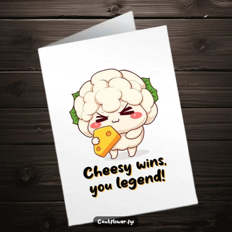 Funny Free Printable Congratulations Card: Kawaii cauliflower character winking mischievously, presenting a slice of cheese.