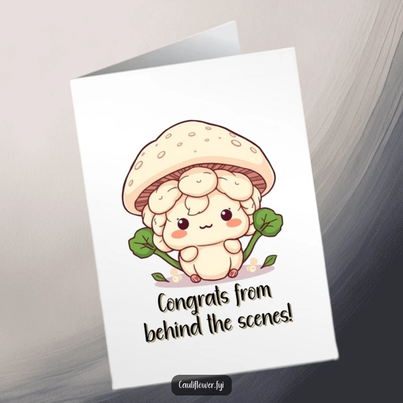 Funny Free Printable Congrats Card: Playful Kawaii cauliflower hiding behind a large mushroom cap, curious and sweet, ideal DIY card.