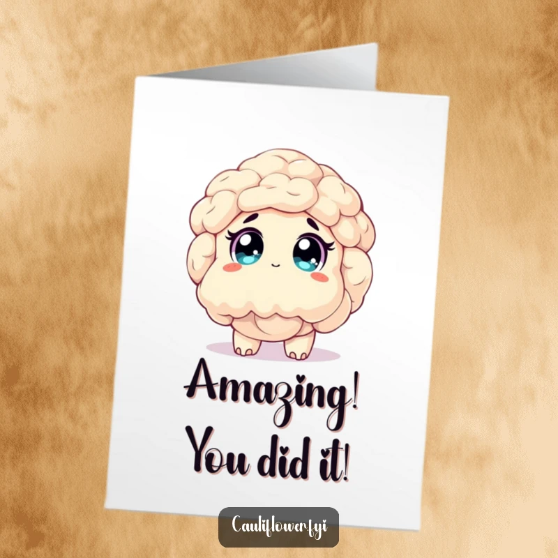 Free Printable Congratulations Card: A cauliflower looks up with wide, sparkling eyes, filled with awe and wonder at great news.