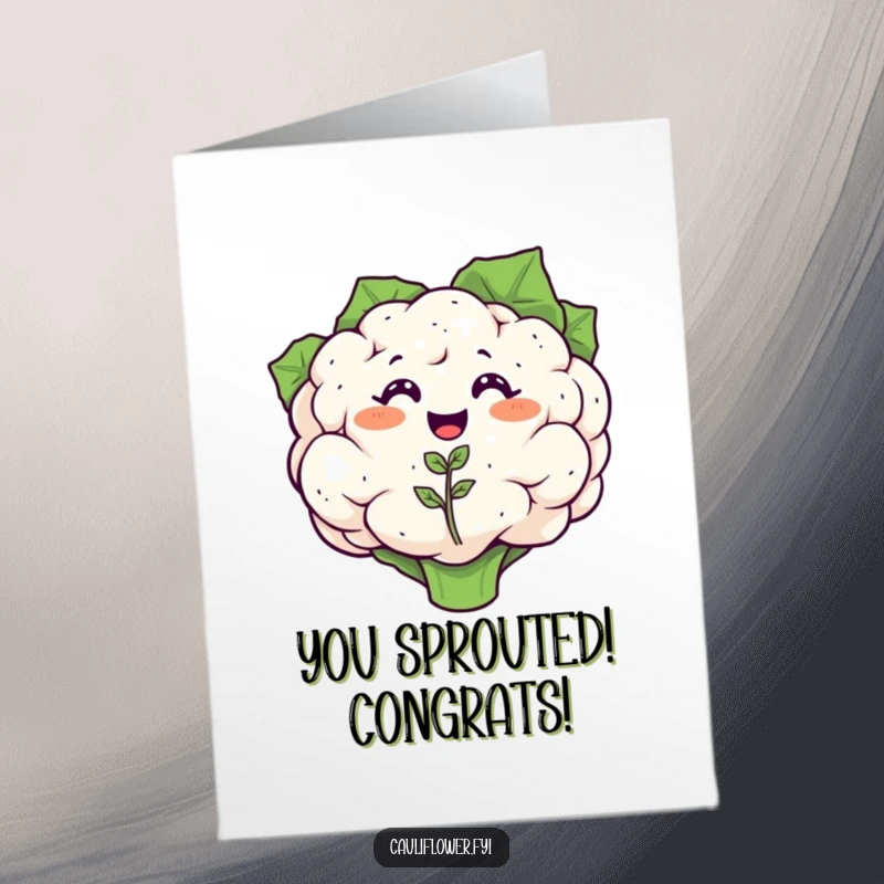 Funny Free Printable Congratulations Card: A joyful, smiling cauliflower proudly sprouts a tiny, happy cauliflower seedling, symbolizing new beginnings.