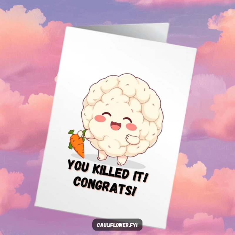 Funny Free Printable Congratulations Card: A cheerful cauliflower character giggles while tickling a small carrot, celebrating your fantastic accomplishment.