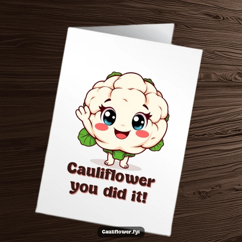 Funny Free Printable Congratulations Card: A happy cauliflower character with wide eyes giving an enthusiastic wave.