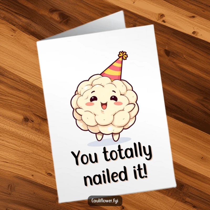 Free Printable Congratulations Card: A happy cauliflower wearing a party hat spins gleefully, celebrating your success.
