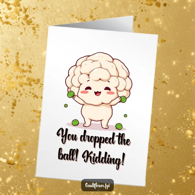 Funny free printable congratulations card: a joyful cauliflower attempting to juggle tiny peas, dropping a few with clumsy delight.