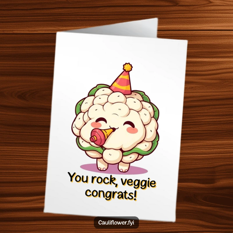 Funny Free Printable Congrats Card: Kawaii cauliflower wearing a party hat, blowing a noisemaker, celebrating success joyfully.