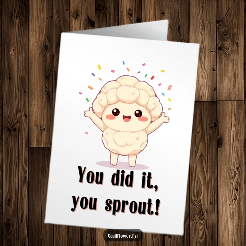 Funny Free Printable Congratulations Card: Excited Kawaii cauliflower spinning confetti, celebrating success with pure glee.