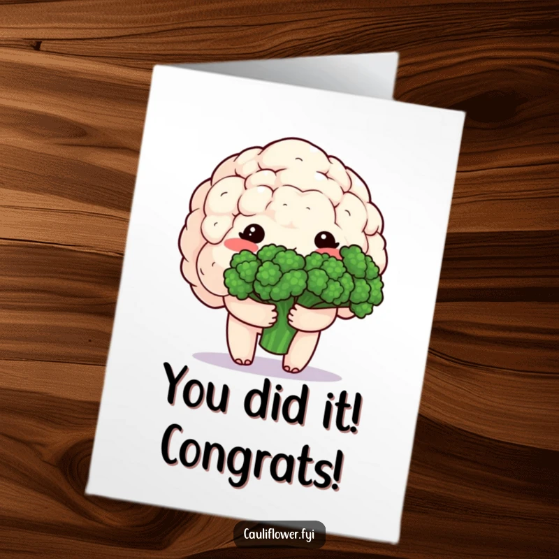 Funny Free Printable Congratulations Card: A blushing kawaii cauliflower shyly offers a bouquet of broccoli florets, celebrating your achievement.