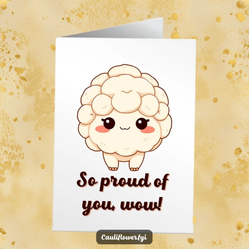 Funny Free Printable Congratulations Card featuring a kawaii cauliflower shyly blushing with rosy cheeks, celebrating accomplishments.