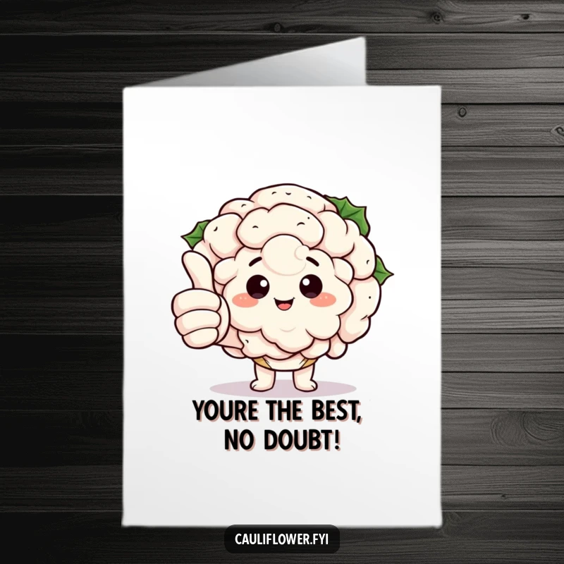 Funny free printable congratulations card featuring a kawaii cauliflower character giving a thumbs up with huge fingers.