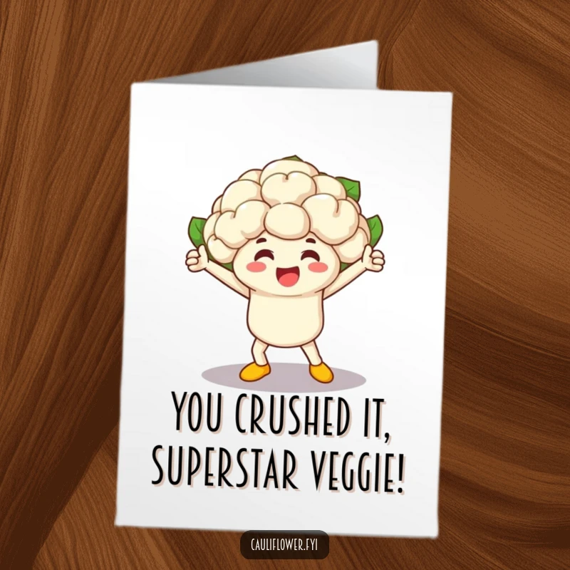 Funny Free Printable Congrats Card: Victorious cauliflower striking a pose after winning a veggie race, ideal for a downloadable gift.