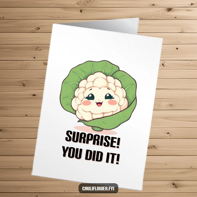 Funny free printable cauliflower peeking from behind a leaf, giggling secretly to congratulate an achievement, cute downloadable art.