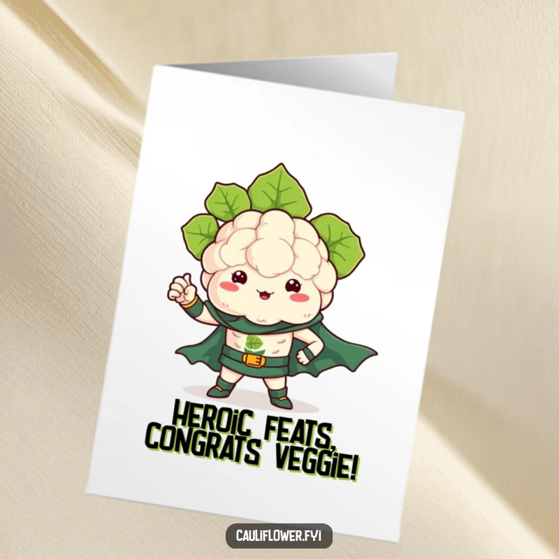 Funny Free Printable Congrats Card: Kawaii cauliflower dressed as a superhero, flexing a leafy arm, celebrating a heroic achievement.
