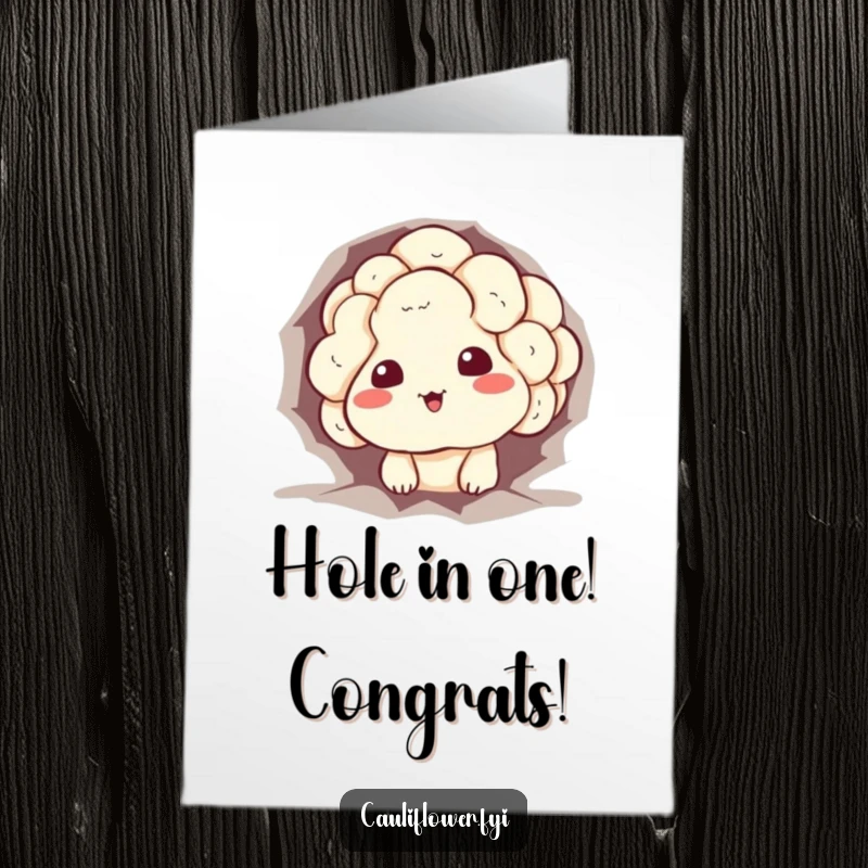 Funny Free Printable Congratulations Card: A cauliflower character comically stuck in a small hole, grinning sheepishly.