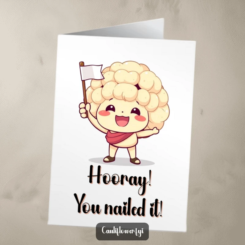 Free Printable Congratulations Card: Excited cauliflower enthusiastically waves a small flag, celebrating a major accomplishment with infectious energy.