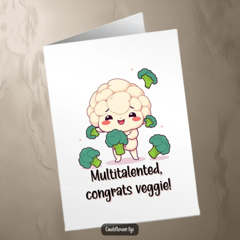 Funny Free Printable Congrats Card: Kawaii cauliflower concentrating while juggling broccoli, celebrating a momentous accomplishment.