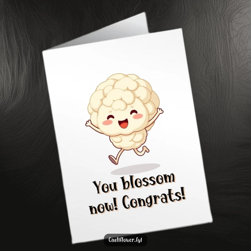 Funny Free Printable Congratulations Card: A fluffy kawaii cauliflower character happily skips, celebrating your fantastic success with glee.