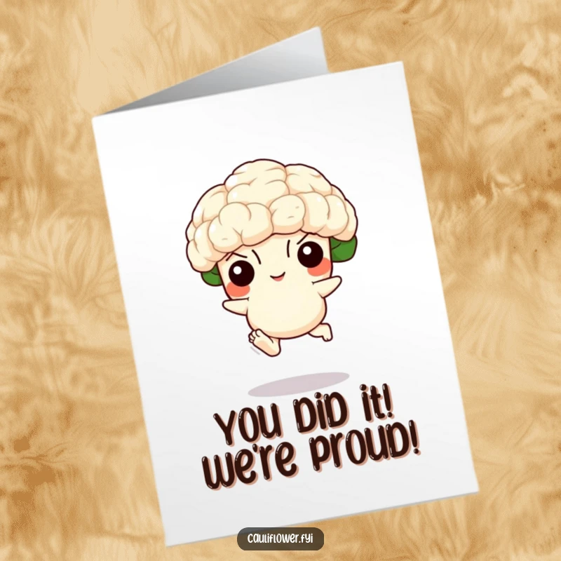 Funny Free Printable Congratulations Card with a leaping cauliflower celebrating a great success, full of excitement.