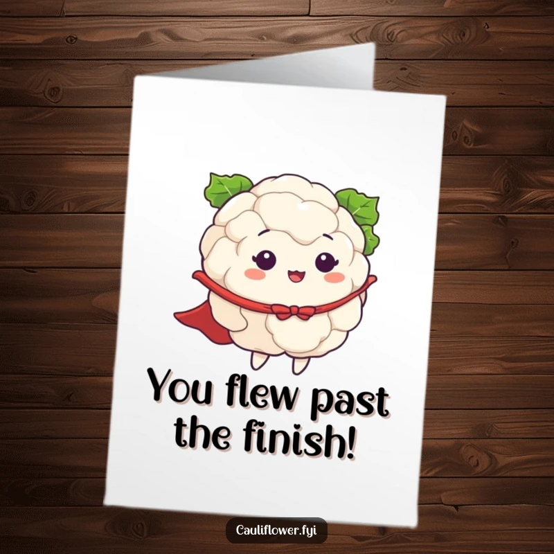 Funny free printable congratulations card: a cauliflower in a flowing cape, soaring through the air, pretending to be a superhero.