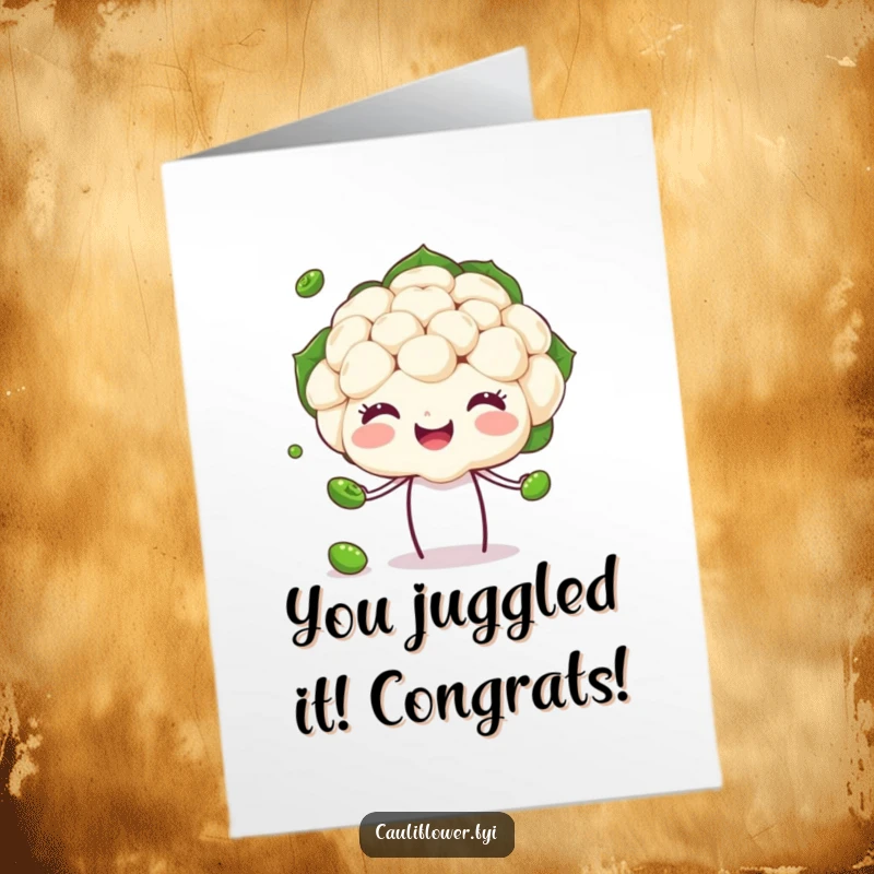 Funny free printable happy cauliflower successfully juggling peas, congratulating an accomplishment with impressive skill, downloadable art.