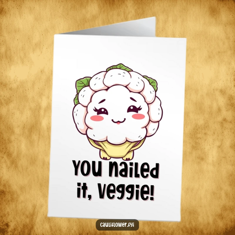 Funny free printable congratulations card showing a kawaii cauliflower with a silly lopsided grin and floppy leaves, celebrating an achievement.