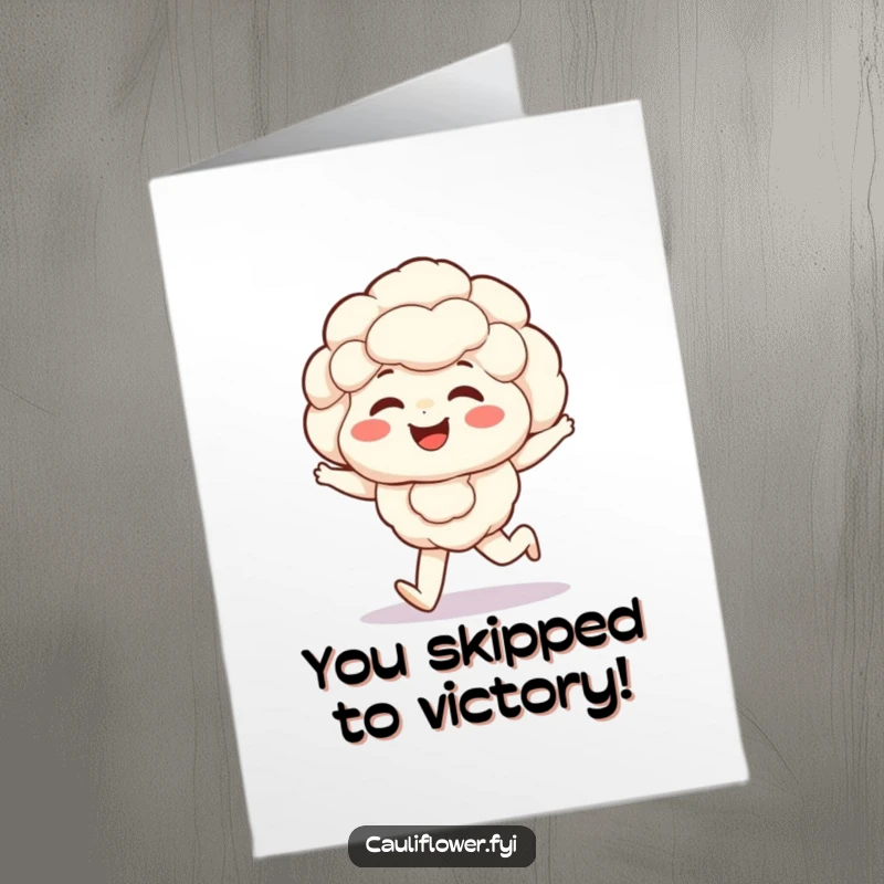 Funny Free Printable Congratulations Card: Giggling Kawaii cauliflower with rosy cheeks, taking an energetic happy skip.