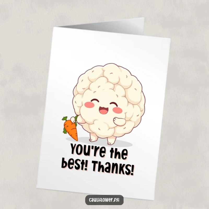 Funny Free Printable Thank You Card: A cheerful cauliflower character giggles while tickling a small carrot, expressing warm thanks.