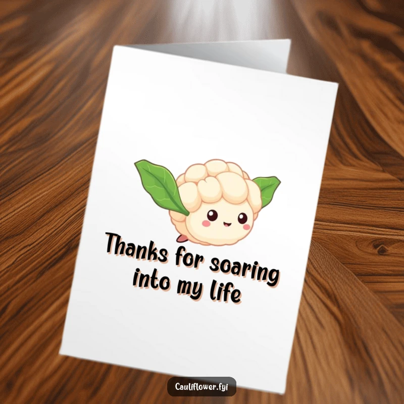 Funny free printable tiny cauliflower floret with leaf wings flying, expressing thanks in a charming way, cute downloadable art.