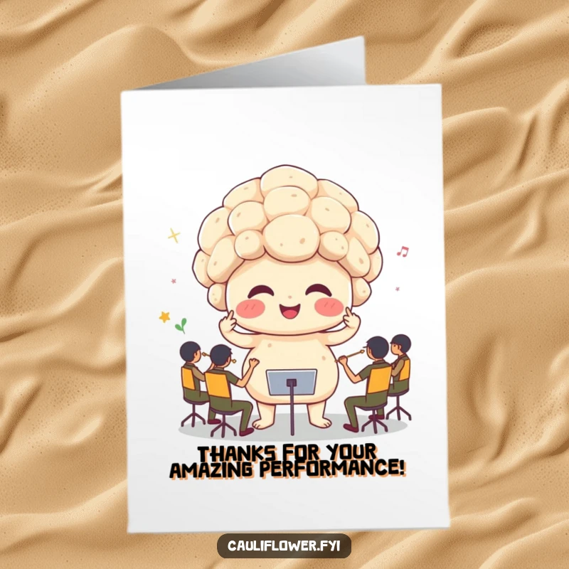 Funny Free Printable Thank You Card: Cheerful cauliflower with sprout arms conducting a miniature orchestra, expressing gratitude.