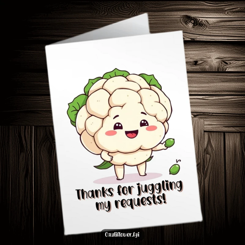 Funny Free Printable Thank You Card: A grinning cauliflower attempting to juggle three tiny peas, showing thanks with a unique flair.