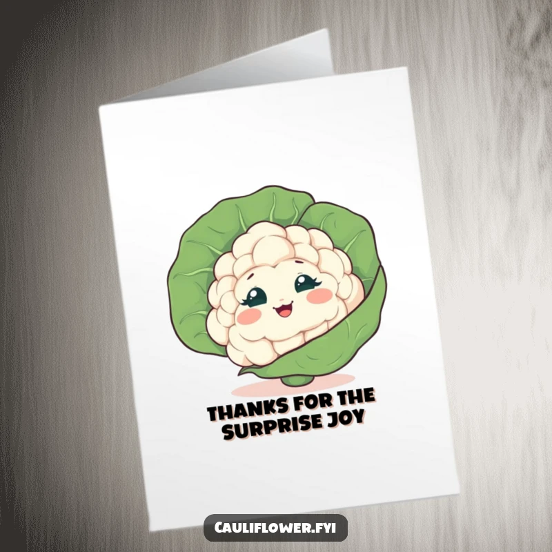 Funny free printable cauliflower peeking from behind a leaf, giggling playfully to express thanks, cute downloadable art.