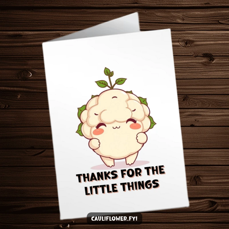 Funny Free Printable Thank You Card: A happy cauliflower character with rosy cheeks balancing a small sprout on its head.