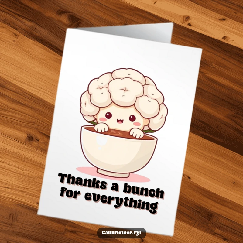 Funny Free Printable Thank You Card: A cauliflower with delight peeks over a small, steaming bowl.