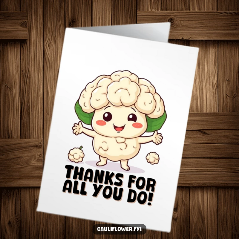 Funny Free Printable Thank You Card of a cauliflower character juggling three florets, sending thanks with playful skill.