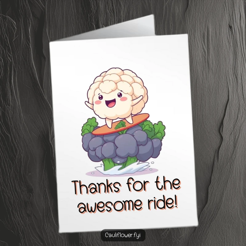 Funny Free Printable Thank You Card: A grinning cauliflower effortlessly surfing a giant broccoli floret, sending thanks your way.