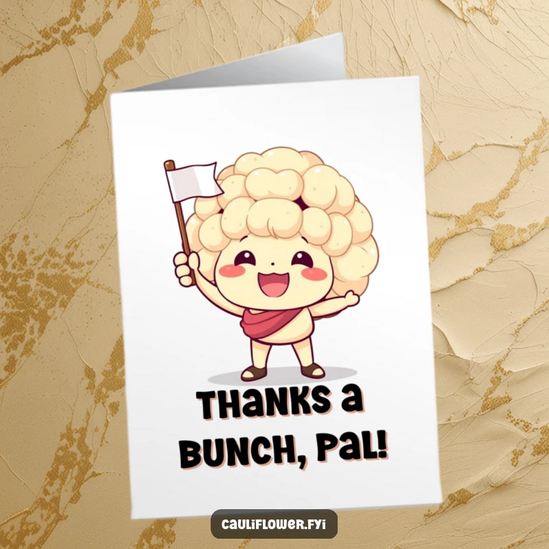 Funny Free Printable Thank You Card: A cauliflower character enthusiastically waves a tiny flag, conveying heartfelt thanks with a cheerful spirit.
