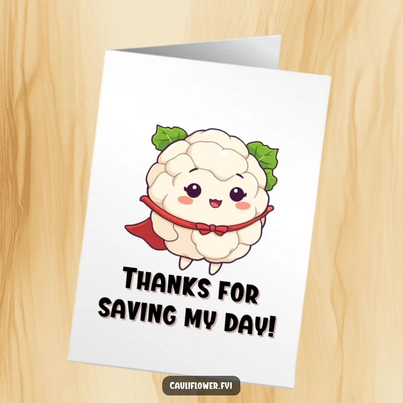 Funny free printable thank you card: a cauliflower wearing a cape, dramatically pretending to fly, expressing thanks.