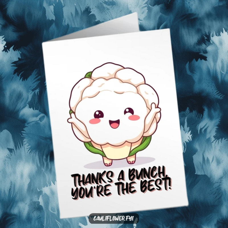 Funny free printable thank you card featuring a kawaii cauliflower with tiny arms waving enthusiastically to express thanks.