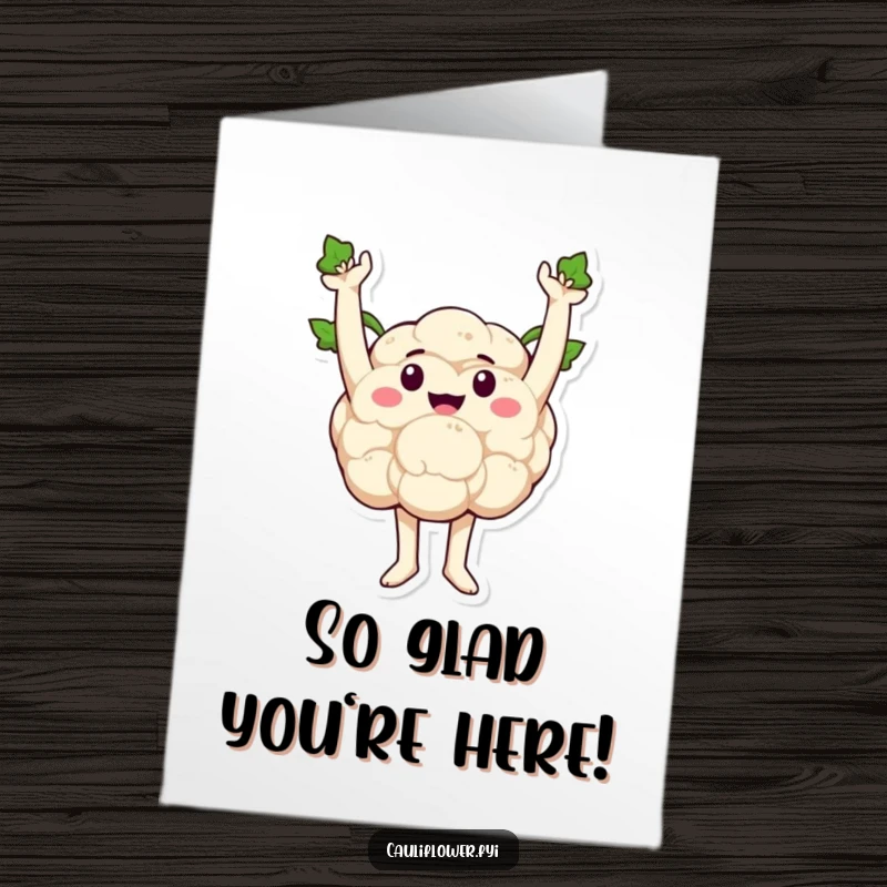 Funny Free Printable Thank You Card: A cauliflower with sprout arms triumphantly raised, radiating pure gratitude and joy.
