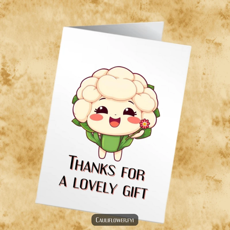Funny Free Printable Thank You Card: A cauliflower character with a delighted expression, offering a small, sparkling flower. Tender art.