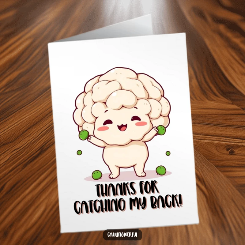 Funny free printable thank you card: a cauliflower with a look of surprised delight, clumsily juggling a pile of small peas.