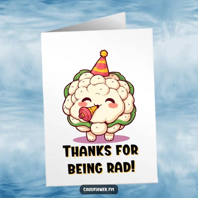Funny Free Printable Thank You Card: Kawaii cauliflower in a party hat, blowing a noisemaker, expressing thanks exuberantly.