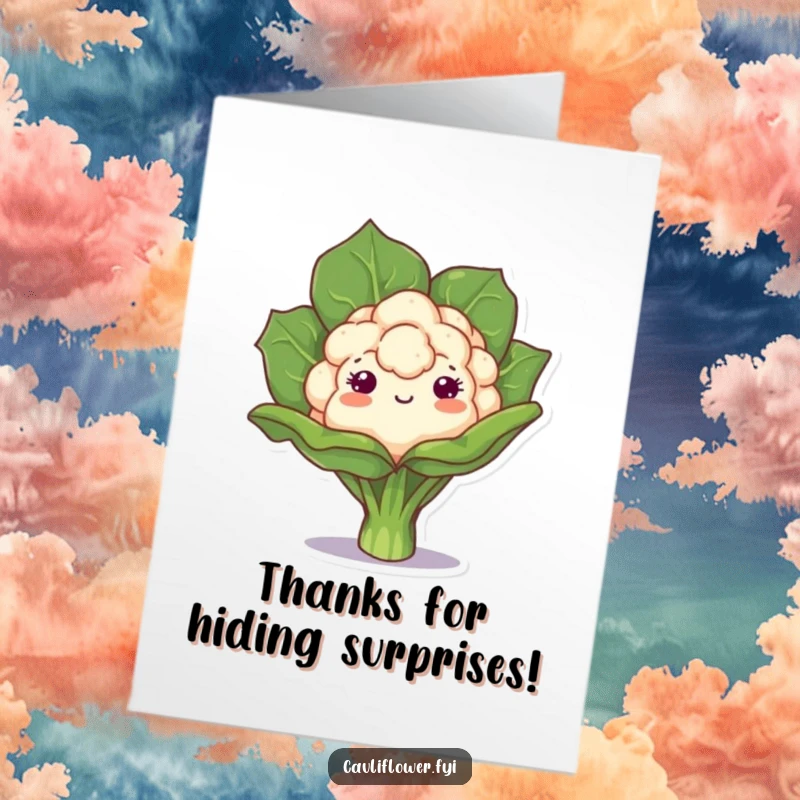 Funny Free Printable Thank You Card depicting a kawaii cauliflower playfully peeking from behind a large leaf, offering thanks.