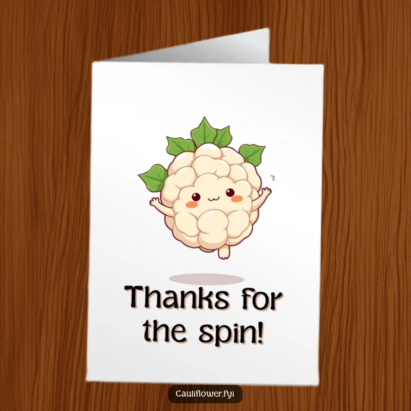 Funny Free Printable Thank You Card: A kawaii cauliflower performing a comical pirouette with swirling leaves.